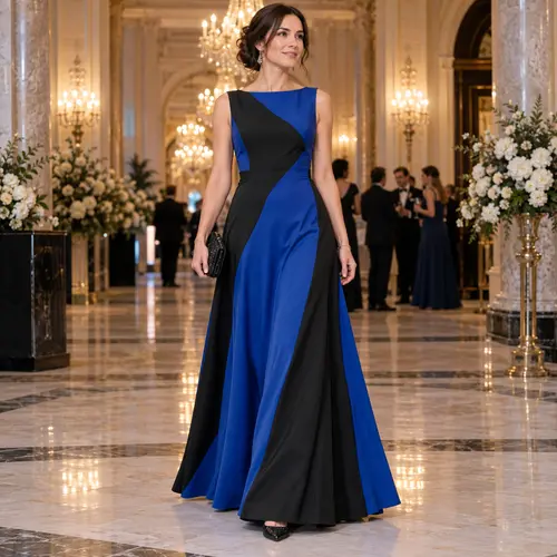 Royal blue and black floor-length gown Royal blue and black diagonal colour-block sleeveless floor-length gown, grand ballroom setting