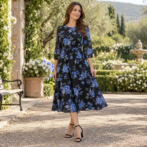 Black and blue floral tiered midi dress Black and blue floral tiered midi dress with puffed short sleeves, garden setting with a stone fountain