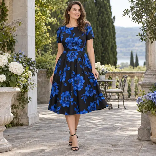 Black and blue floral fit-and-flare dress Black and blue floral fit-and-flare midi dress with short sleeves and a tie waist, terrace setting with cypress trees