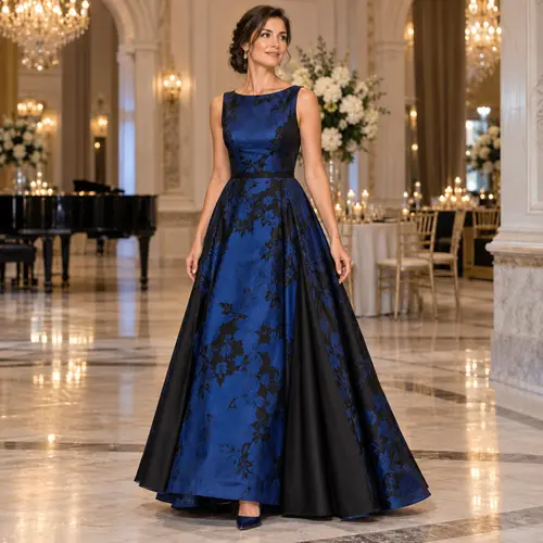Navy and black black-tie wrap gown Navy and black wrap gown with long sleeves and a twist waist, grand ballroom with chandeliers