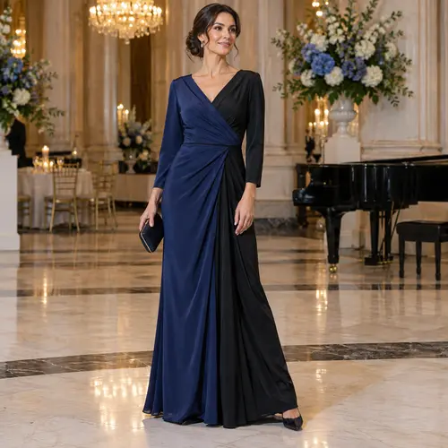 Royal blue and black formal floral gown Royal blue and black floral-print ball gown, sleeveless, grand ballroom setting with a piano