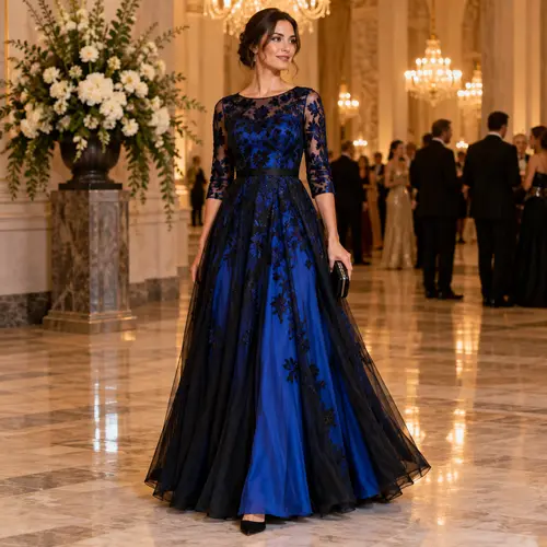 Royal blue and black formal lace gown Royal blue and black lace ball gown with three-quarter sleeves, grand ballroom with chandeliers and guests