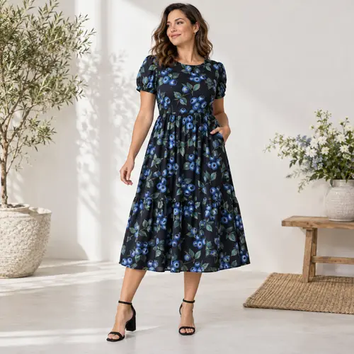 Black and blue blueberry print dress Black midi dress with a blue and green blueberry print, tiered skirt and puffed sleeves, sunlit room
