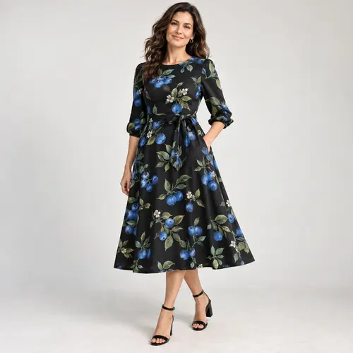 Black and blue fruit print fit-and-flare dress Black midi dress with a blue fruit print, fit-and-flare skirt with long sleeves and a tie waist
