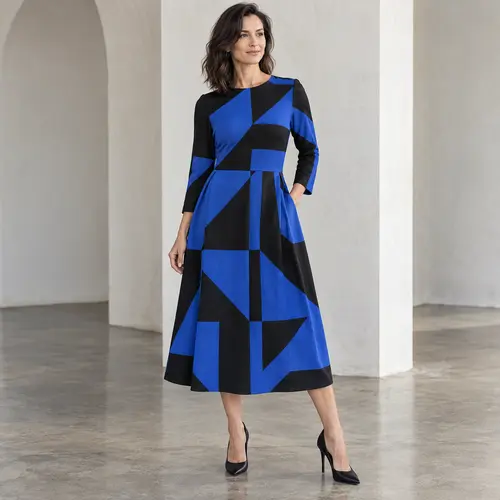 Royal blue and black geometric print dress Royal blue and black geometric triangle-block midi dress with three-quarter sleeves, minimalist arched interior