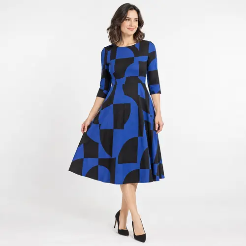 Royal blue and black geometric block print dress Royal blue and black geometric block-print fit-and-flare midi dress with three-quarter sleeves, plain background