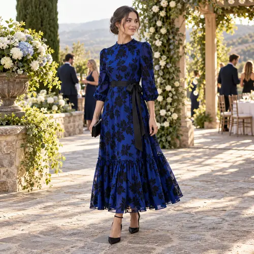 Royal blue floral midi dress Royal blue floral midi dress with a tie waist and puffed sleeves, outdoor venue with a floral arch
