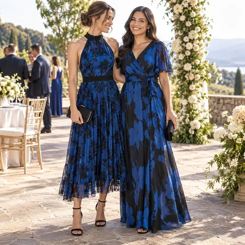 Navy and black pleated dress, royal blue and black wrap maxi dress Halter-neck pleated navy and black midi dress beside a royal blue and black floral wrap maxi dress, outdoor terrace with a floral arch