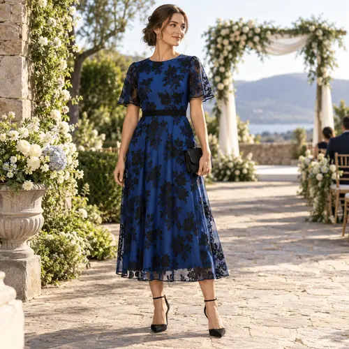 Royal blue and black lace midi dress Royal blue and black floral lace midi dress with flutter sleeves, outdoor wedding venue with a floral arch
