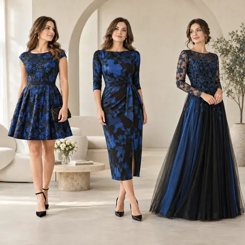 Three blue and black dress lengths side by side: a floral mini dress, a belted tea-length dress with a slit, and a floor-length lace-sleeve gown