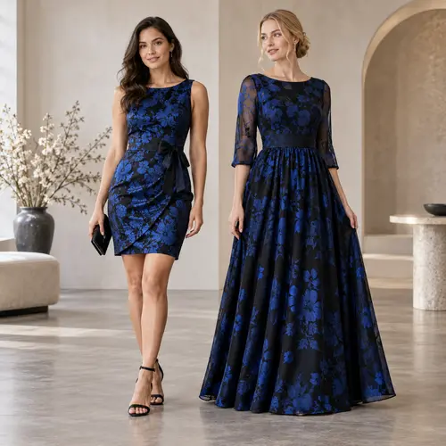 Blue and black floral mini dress, a colour-block midi dress with a knot waist, and a sleeveless halter gown of varying lengths