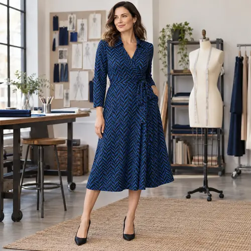 Navy herringbone wrap dress Navy herringbone-print wrap midi dress with long sleeves, design studio setting with a dress form