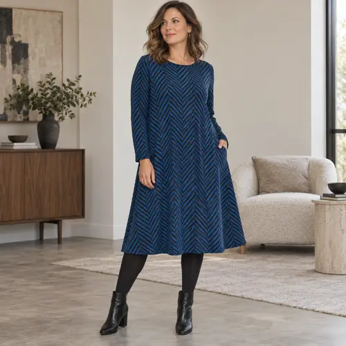 Navy herringbone A-line dress Navy herringbone-print A-line midi dress with long sleeves, living room setting