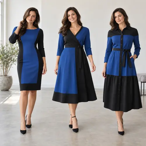 Royal blue and black colour-block sheath dress, wrap midi dress and shirtdress shown together on a plain background
