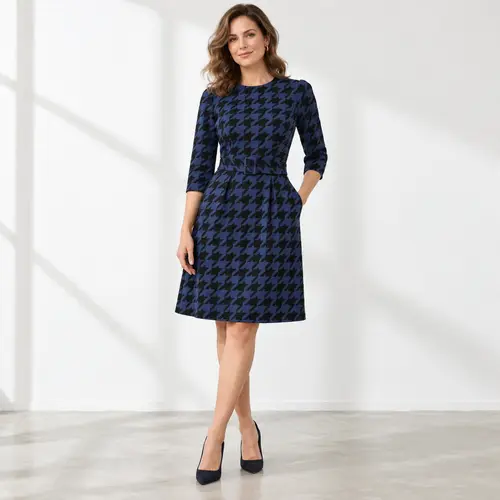 Navy and black houndstooth dress Navy and black houndstooth-print fit-and-flare knee-length dress with three-quarter sleeves, plain background