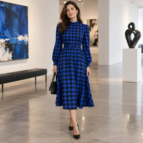 Royal blue and black houndstooth midi dress Royal blue and black houndstooth-print A-line midi dress with long sleeves and a mock neck, art gallery setting
