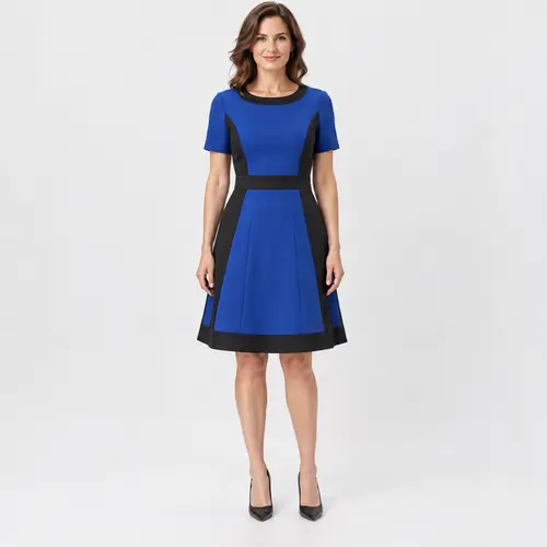 Royal blue and black colour-block fit-and-flare knee-length dress with short sleeves, plain background