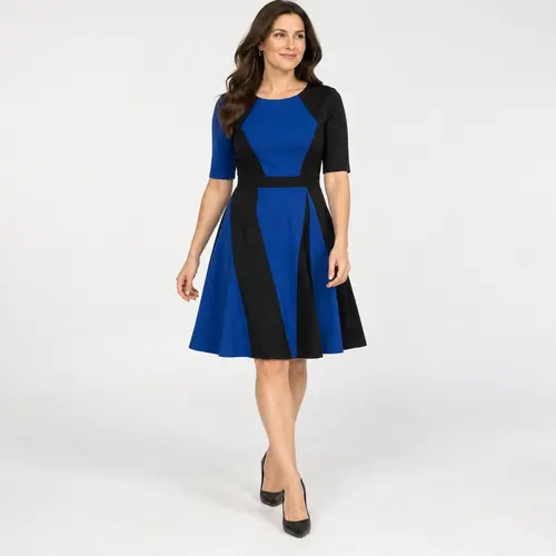 Royal blue and black diagonal colour-block fit-and-flare dress at knee length, elbow-length sleeves