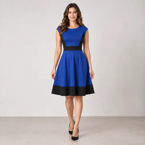 Royal blue and black knee-length dress Royal blue and black colour-block knee-length dress with a black hem band, plain background