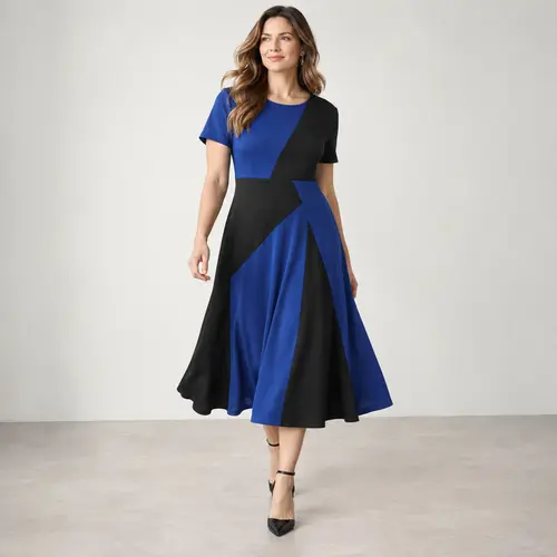 Royal blue and black asymmetric colour-block dress Royal blue and black asymmetric colour-block knee-length dress with short sleeves, plain background
