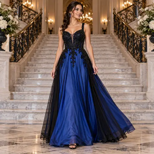 Navy Blue A-line ball gown with a black beaded bodice and sheer straps, grand staircase setting