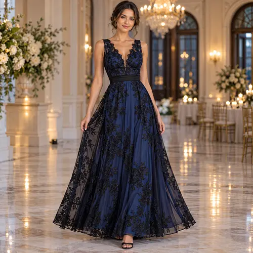 Navy Blue and black lace ball gown Navy Blue tulle ball gown with black floral lace appliqué and a beaded bodice, ballroom setting