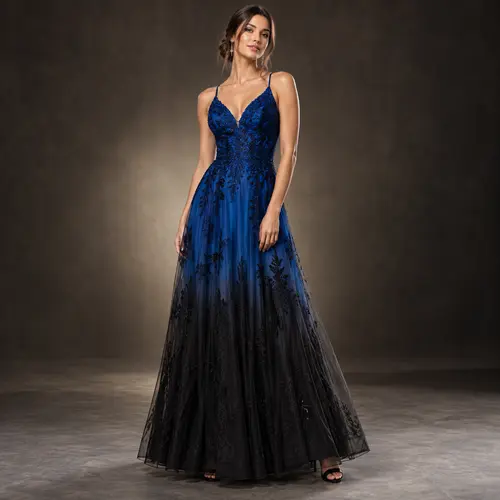 Blue and black ombré tulle gown Blue-to-black ombré tulle gown with a beaded bodice and thin straps, dramatic dark studio background