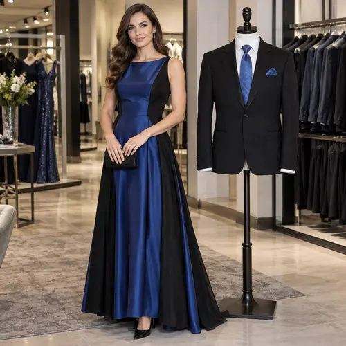 Royal blue and black gown next to a matching suit Royal blue and black satin gown beside a black suit with a navy tie on a mannequin, boutique setting