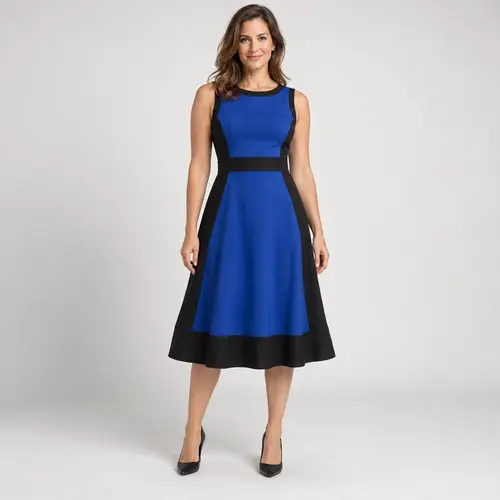 Royal blue and black colour-block fit-and-flare dress with a black waistband and hem band, mid-calf length, plain background