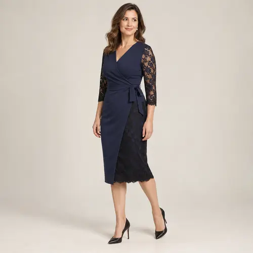 Navy and black lace-sleeve wrap dress at mid-calf length, plain background