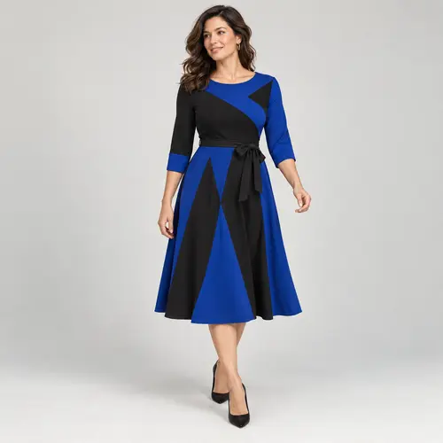 Royal blue and black diagonal colour-block dress at mid-calf length with elbow sleeves, plain background