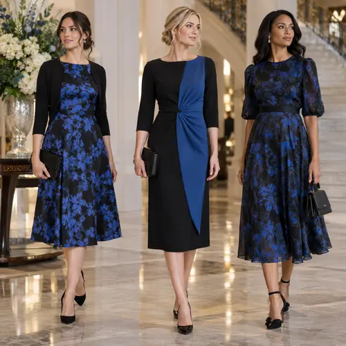 Three midi dresses at a formal staircase venue: a floral midi with a black cardigan, a colour-block sheath with a knot waist, and a floral organza midi with puff sleeves