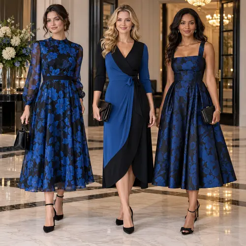Floral organza midi dress, a navy blue and black wrap midi dress, and a royal blue and black strappy fit-and-flare midi dress in a chandelier-lit hotel lobby