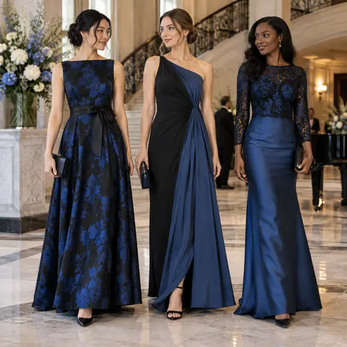 A floral A-line midi dress beside two floor-length gowns, a draped one-shoulder style and a long-sleeve lace mermaid gown