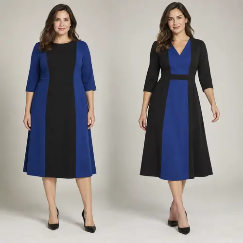 Plus-size blue and black colour-block midi dress shown in two neckline variations on a plain grey background
