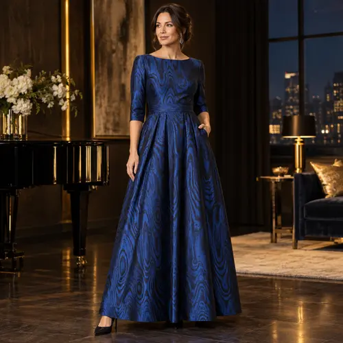 Navy moire fabric A-line dress Navy moire-fabric A-line dress with three-quarter sleeves, dark lounge setting with a grand piano