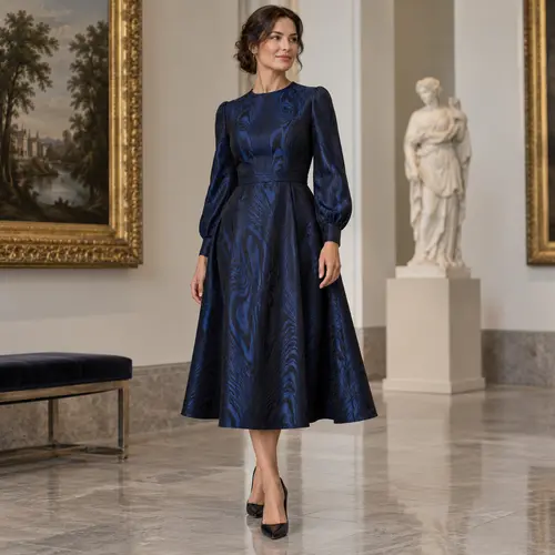 Navy moire fabric long-sleeve dress Navy moire-fabric dress with long sleeves and a full skirt, gallery setting with a classical statue