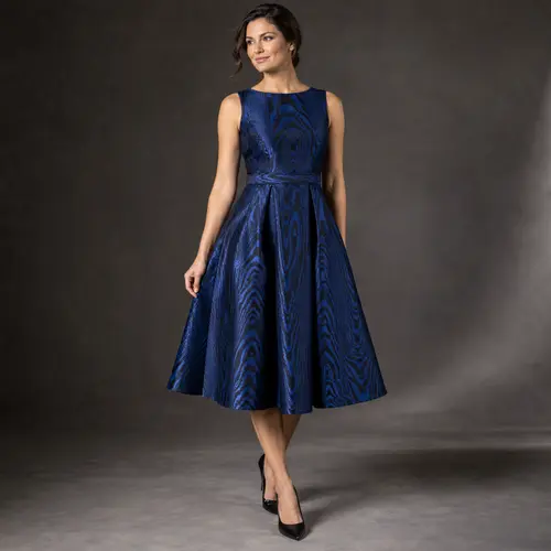 Navy moire fabric midi dress Navy moire-fabric sleeveless A-line midi dress, dark moody background