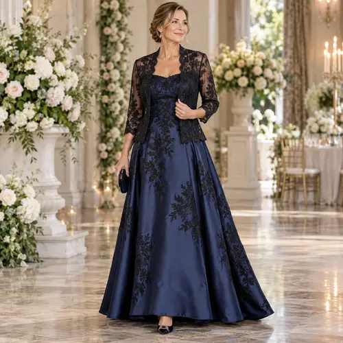 Navy Blue tea-length dress with a black lace bolero jacket and floral lace skirt, floral-filled venue