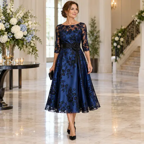 Navy Blue and black floral lace A-line dress Navy Blue tea-length A-line dress with black floral lace overlay and a flower belt, hotel lobby setting