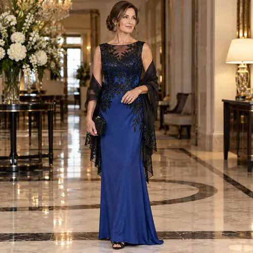 Royal blue and black beaded lace gown Royal blue sheath gown with a black beaded lace bodice and a sheer shawl, hotel lobby setting