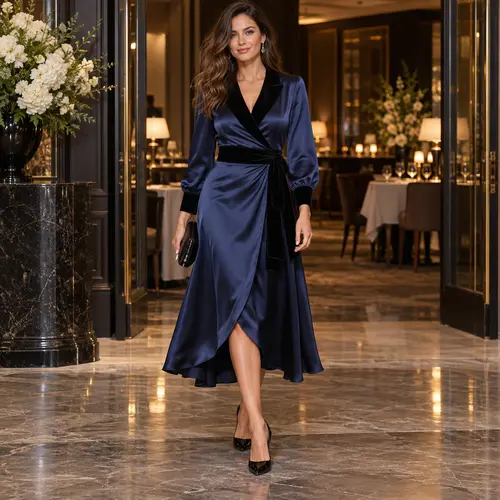 Navy Blue and black velvet-trim wrap dress Navy Blue satin wrap dress with black velvet collar and tie belt, midi length, indoor restaurant setting