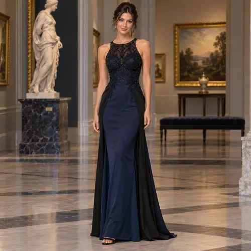 Navy Blue and black beaded evening gown Navy Blue sleeveless gown with black beaded bodice and black skirt underlay, museum hallway setting