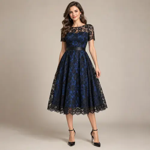 Navy Blue and black floral lace midi dress Navy Blue and black floral lace fit-and-flare midi dress with a tie waist, on a neutral studio background