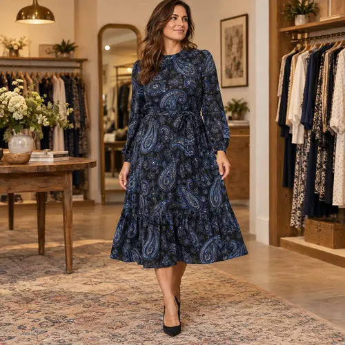 Navy paisley-print midi dress with long sleeves and a tiered hem, boutique interior