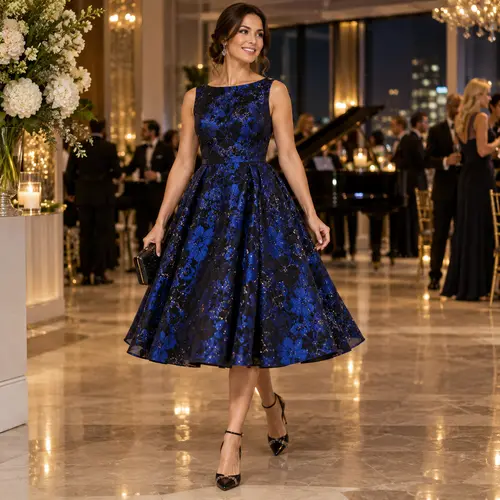 Navy and black sequin party dress Navy and black sequin-print tea-length dress, sleeveless, ballroom setting at night