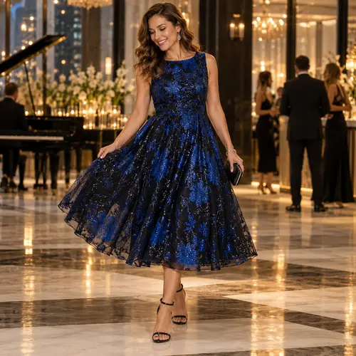 Navy and black glitter party dress Navy and black glitter A-line tea-length dress, sleeveless, ballroom setting with a piano