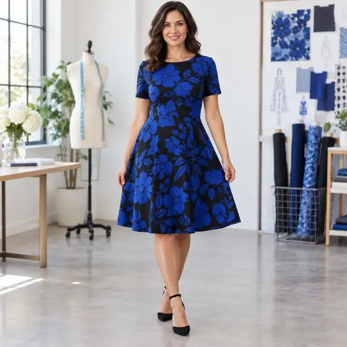 Royal blue and black floral print dress Royal blue and black floral fit-and-flare midi dress with short sleeves, design studio setting with mood boards