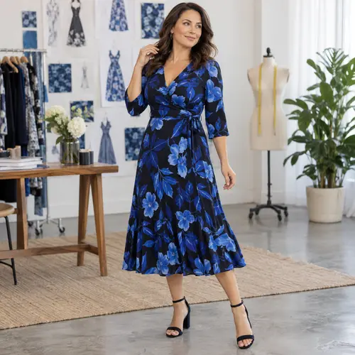 Royal blue and black floral wrap dress Royal blue and black floral wrap midi dress with long sleeves, design studio with fabric swatches