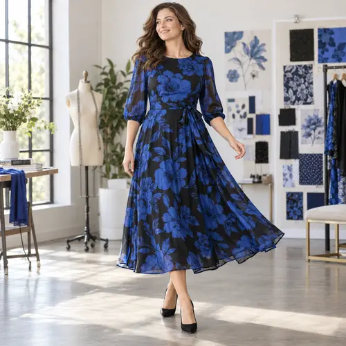Royal blue and black floral chiffon dress Royal blue and black floral chiffon midi dress with three-quarter sleeves and a tie waist, design studio setting